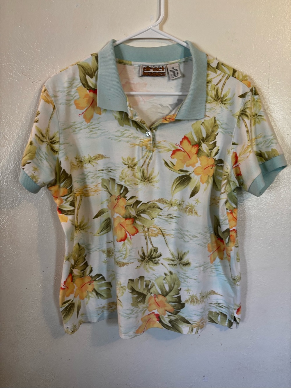 Floral Light Blue Polo Blouse with Yellow Hibiscus - Women